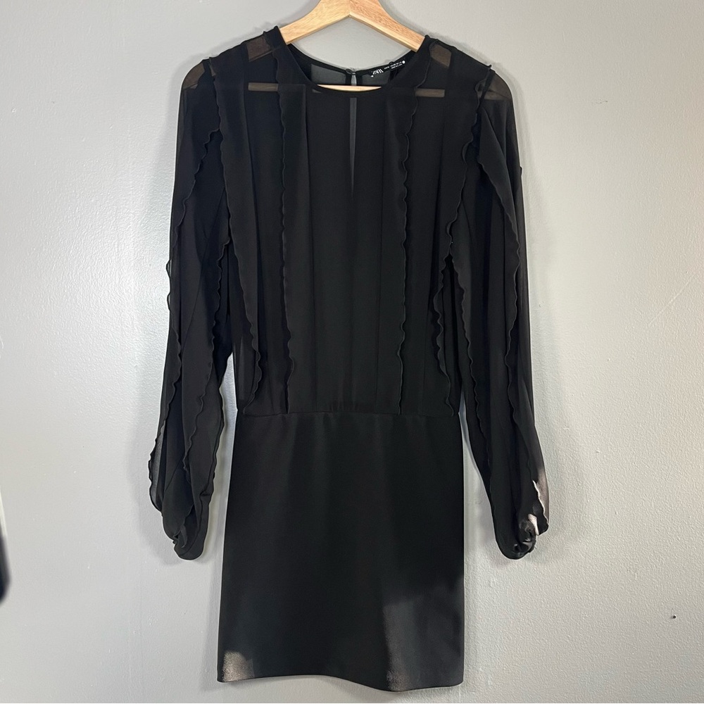 NWOT ZARA Chiffon Ruffled Black Mini Dress Long Sleeve Round Neck Size XS - Picture 4 of 4